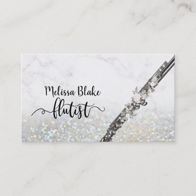 flautist script on faux glitter business card (Front)