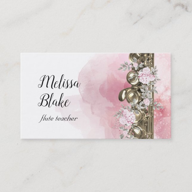 flautist watercolor flowers business card (Front)