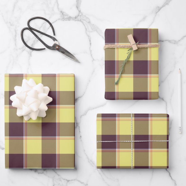 Flax and Livid Brown Plaid Yellow Wrapping Paper Sheet (Front)