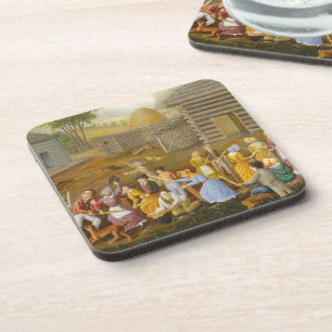 Flax Scutching Bee, 1885 (oil on bed ticking) Coaster
