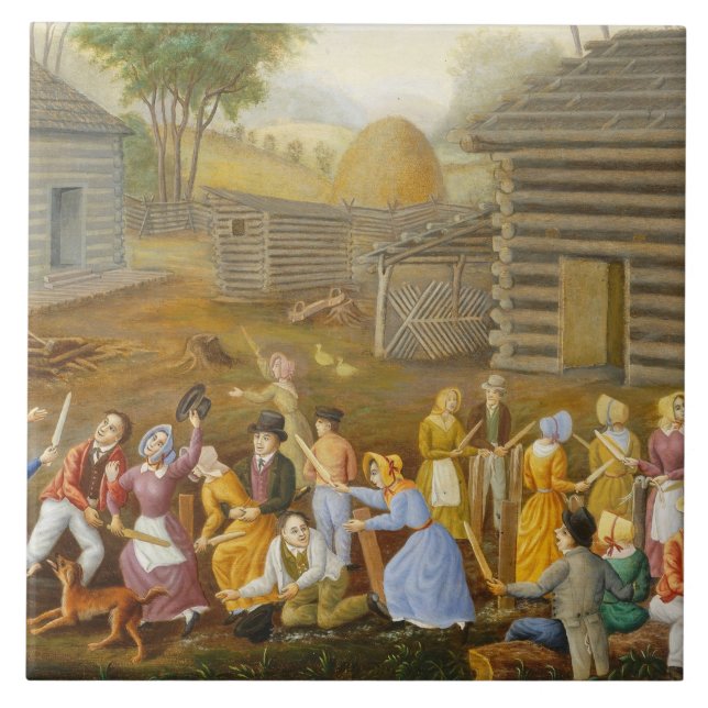 Flax Scutching Bee, 1885 (oil on bed ticking) Tile (Front)