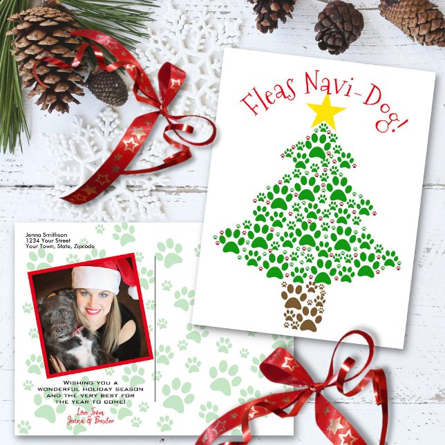 Fleas Navi-Dog Funny Dog Paw Print Photo Christmas Holiday Postcard (In Situ Front/Back)