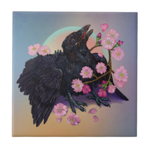 Fledgling Crow with apple blossoms Tile