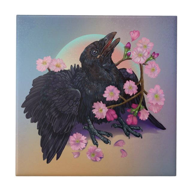 Fledgling Crow with apple blossoms  Tile (Front)