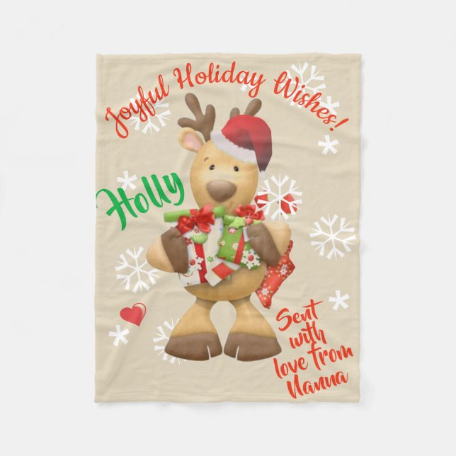 Fleece Blanket Cute Reindeer Personalised Names (Front)