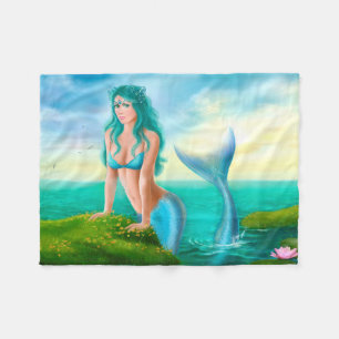 Fleece Blanket, Fantasy beautiful  mermaid in sea Blanket