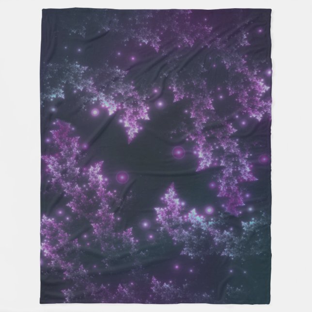Fleece Blanket Fractal Leaves Violet Glow (Front)