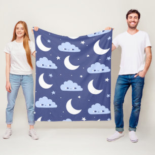 Fleece Blanket Navy Kawaii Moon Stars Clouds
