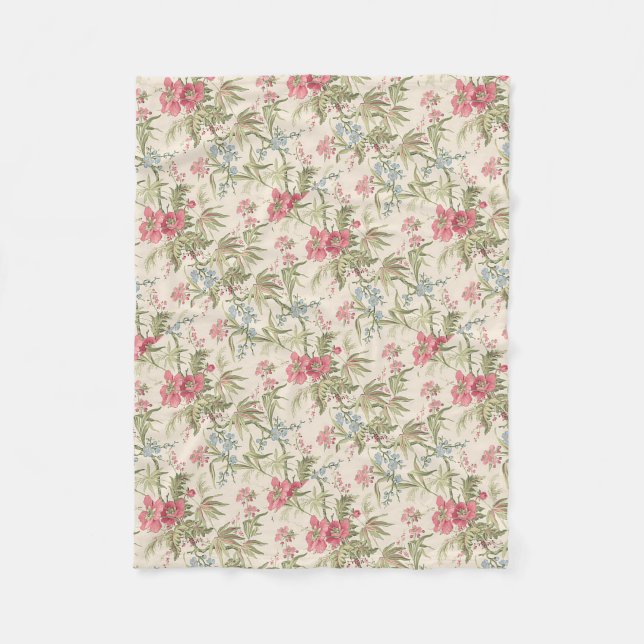 Fleece Blanket Vintage Pink and Blue Floral (Front)