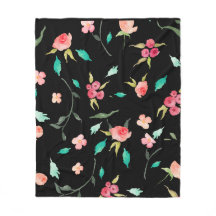 Fleece Blanket Watercolor Flower Fields, Black