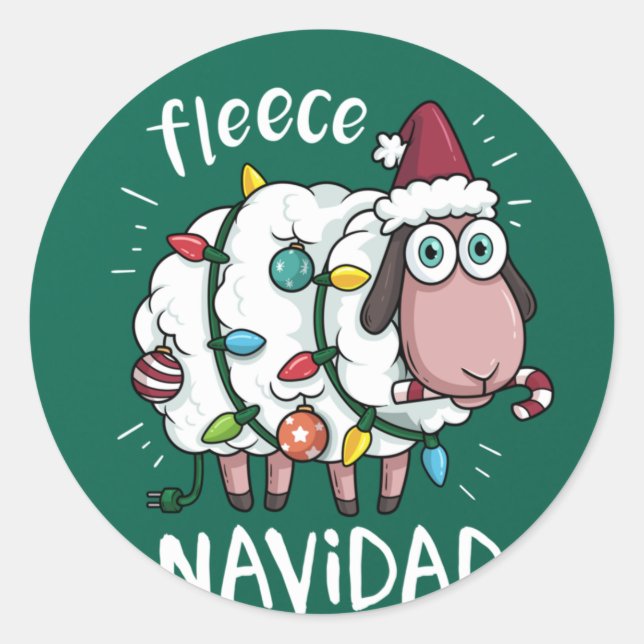 Fleece Feliz Navidad Funny Cute Sheep Christmas Classic Round Sticker (Front)