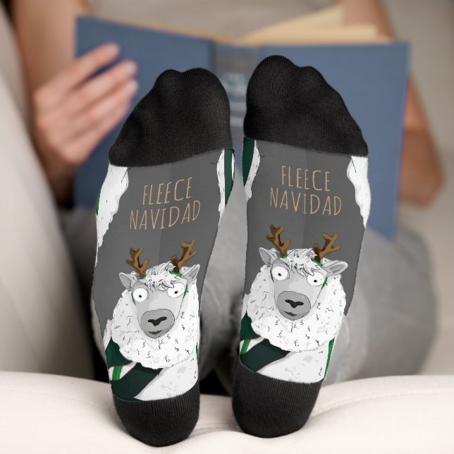 “Fleece Navidad” Festive Funny Sheep Pun Grey  Socks (Bottom)