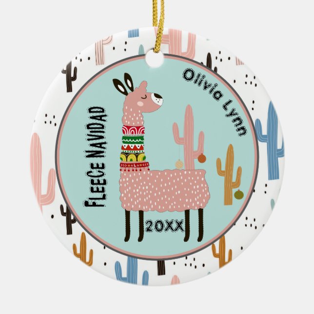 Fleece Navidad Llama Christmas Ceramic Tree Decoration (Front)