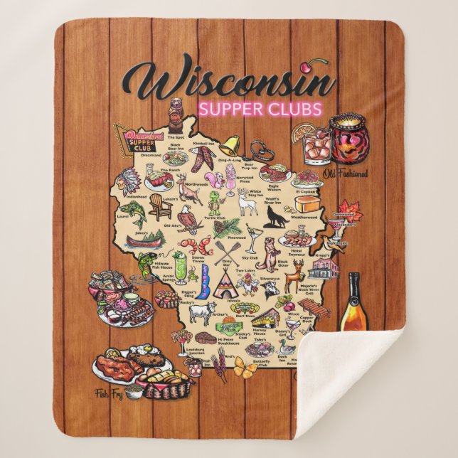 Fleece Sherpa Throw - Wisconsin Supper Club Map (Front)