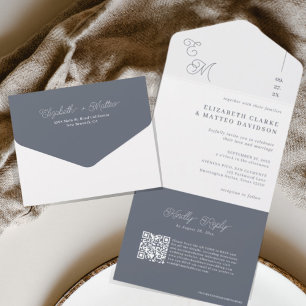 Fleet Grey   Minimalist Monogram Wedding QR Code All In One Invitation