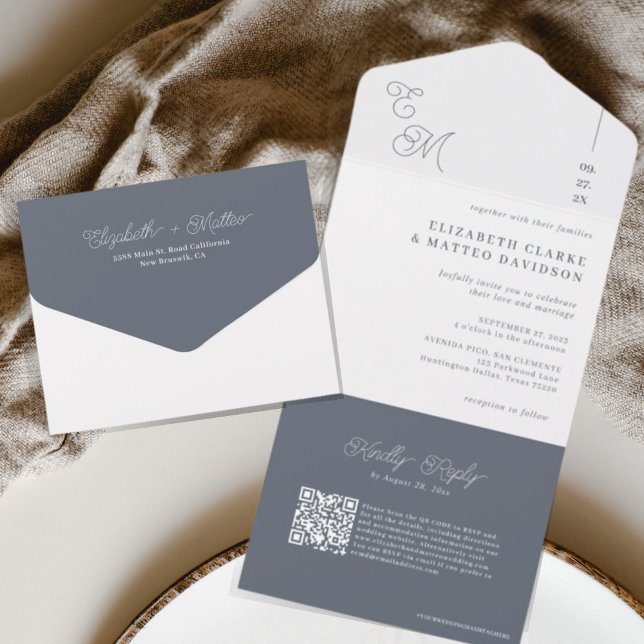 Fleet Grey | Minimalist Monogram Wedding QR Code All In One Invitation (Creator Uploaded)