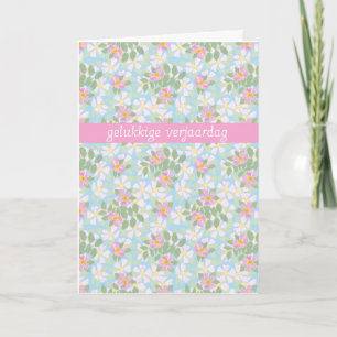 Flemish Birthday Card: Pink Dogroses on Blue Card