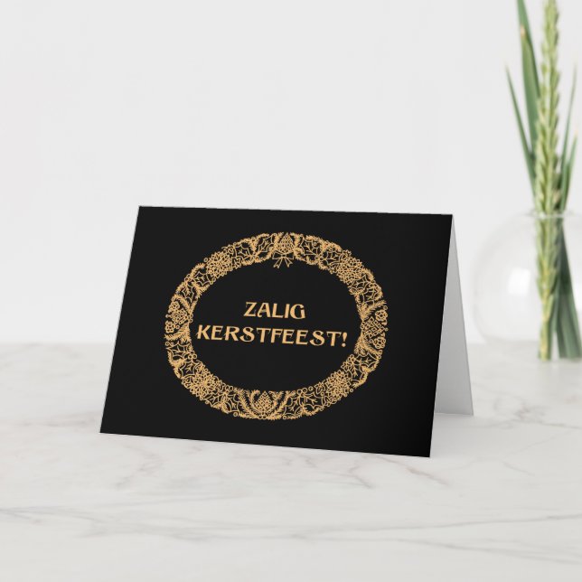 Flemish Christmas Wreath Card Gold-effect on Black (Front)