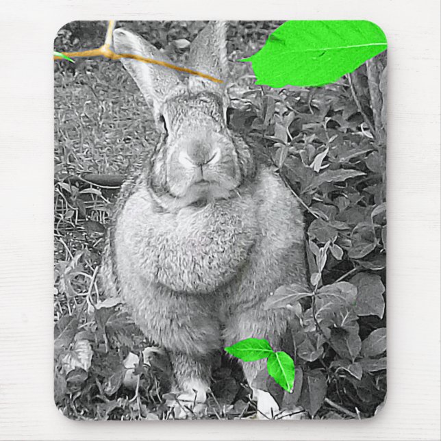Flemish Giant Rabbit B & W with Green Leaves Mouse Mat (Front)