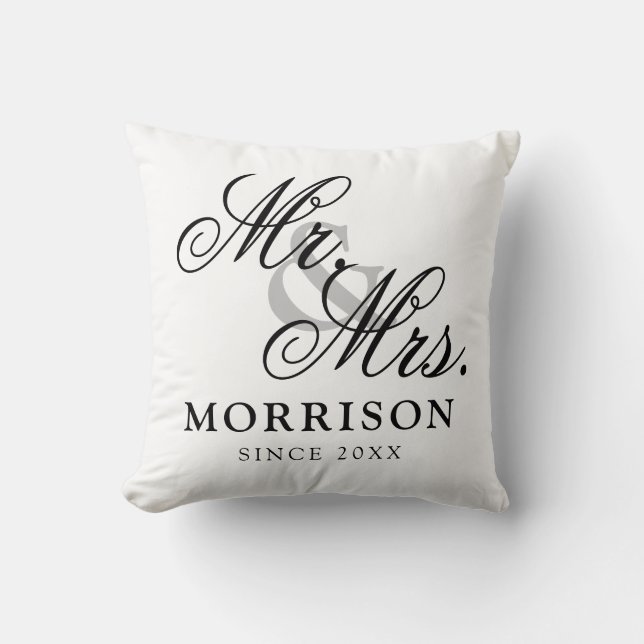 Flemish Minimalist Elegant Script Mr and Mrs Cushion (Front)