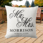 Flemish Minimalist Elegant Script Mr and Mrs Cushion<br><div class="desc">Flemish Minimalist Elegant Script Mr and Mrs Throw Pillow. This is a simple and minimalist design style pillow with an elegant flemish custom script,  you can add family name and wedding date,  established year,  etc. This is a perfect gift for newlyweds new home.</div>