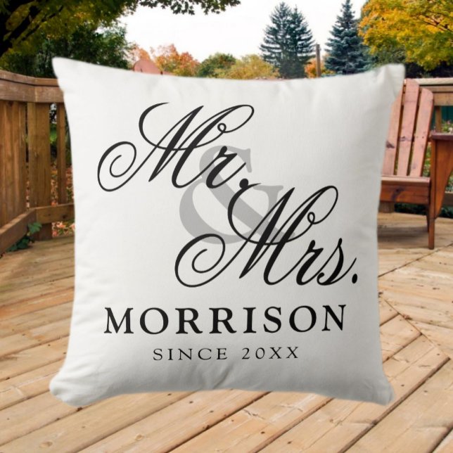 Flemish Minimalist Elegant Script Mr and Mrs Cushion (Flemish Minimalist Elegant Script Mr and Mrs Throw Pillow)