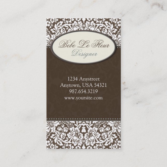 Fleur #1C Chic Brown Damask Business Card (Front)