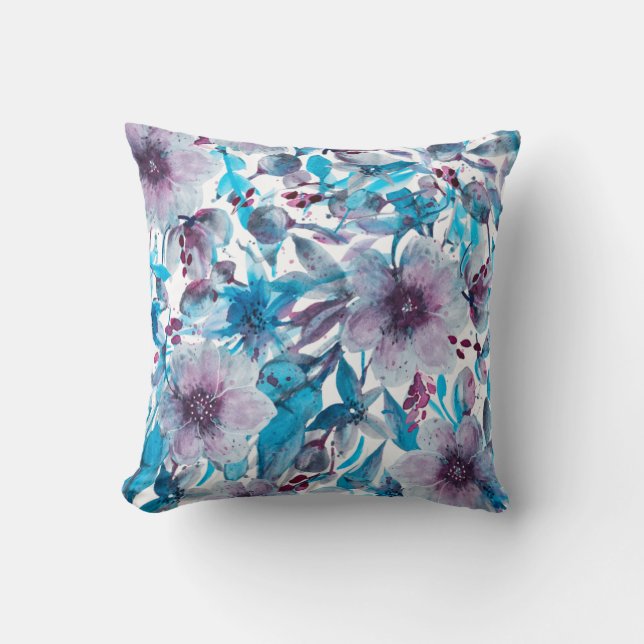 Fleur Blu Purple and Blue Watercolor Floral Cushion (Front)