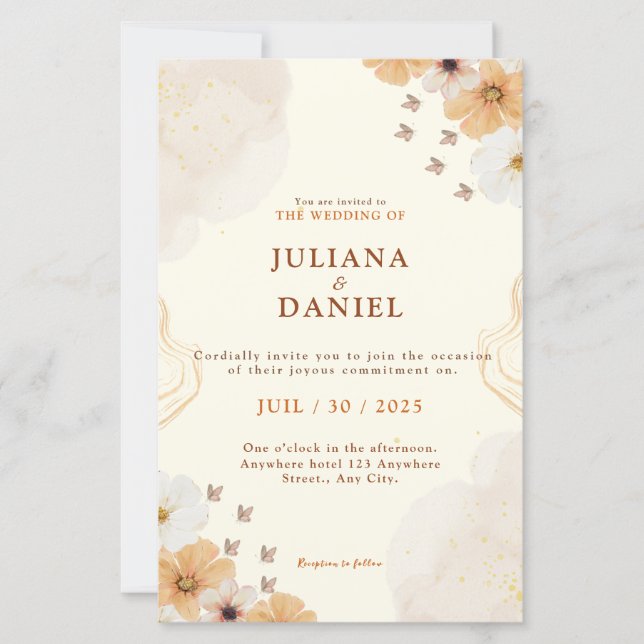 Fleur Cream Floral Wedding Invitation with Details (Front)