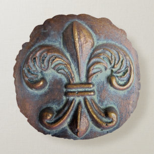 Fleur De Lis, Aged Copper-Look Printed Round Cushion