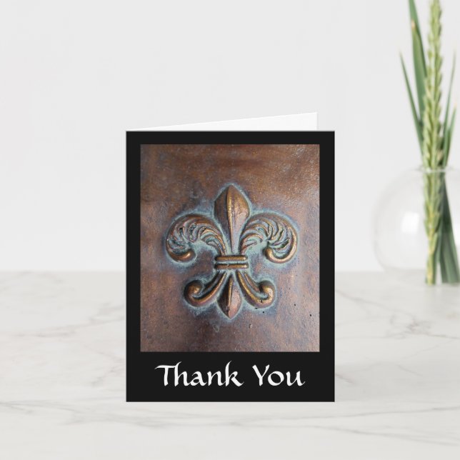 Fleur De Lis, Aged Copper-Look Printed Thank You Card (Front)