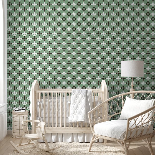 Fleur de Lis and Diamond Cross Pattern on Sage Wallpaper (Kids)