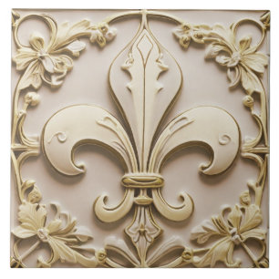 Fleur de Lis Antique Cream Gold Beige Faux Relief Tile