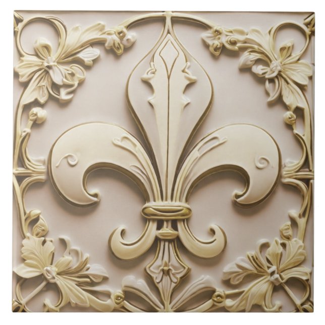 Fleur de Lis Antique Cream Gold Beige Faux Relief Tile (Front)