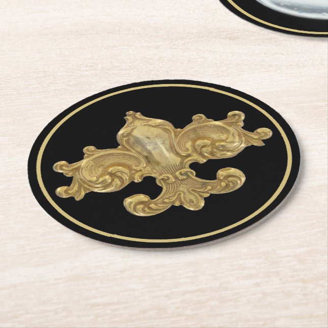 Fleur De Lis Antique Gold Round Paper Coaster (Angled)