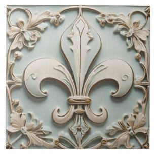 Fleur de Lis Antique Pastel Light Mint Faux Relief Tile