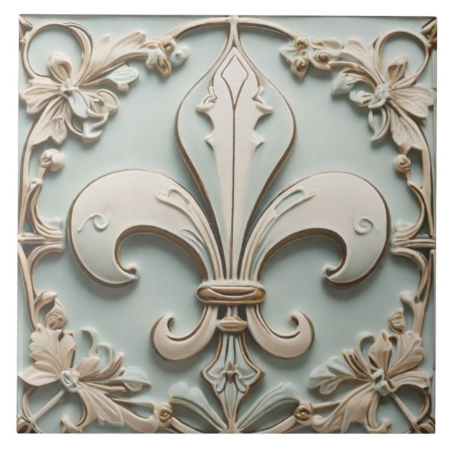 Fleur de Lis Antique Pastel Light Mint Faux Relief Tile (Front)