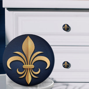 Fleur-De-Lis - Art Deco - Blue and Gold Ceramic Knob