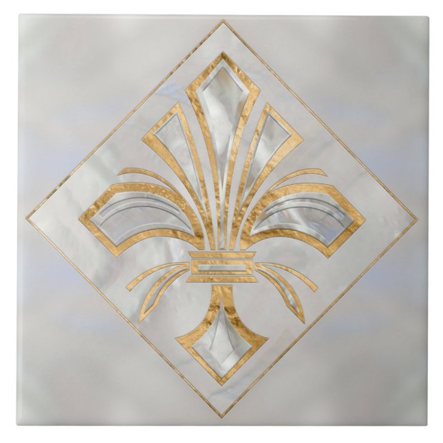 Fleur-de-lis Art Deco - pearl and gold Tile (Front)