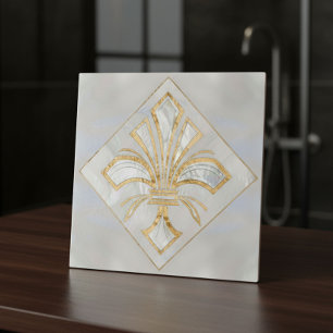 Fleur-de-lis Art Deco - pearl and gold Tile
