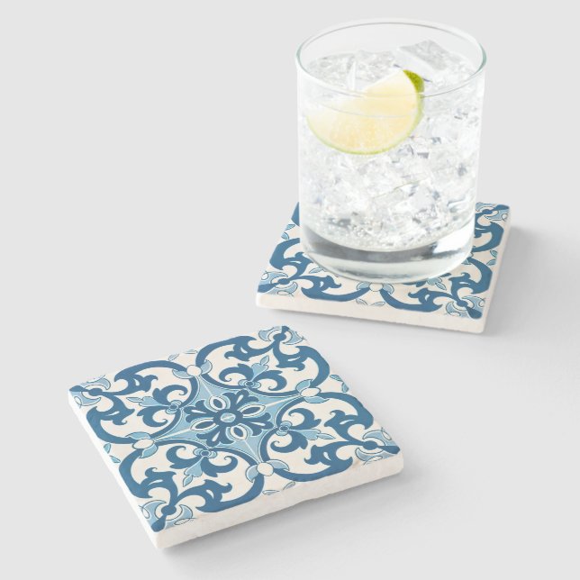 Fleur De Lis Azulejo Portugal Decorative Drinkware Stone Coaster (Side)