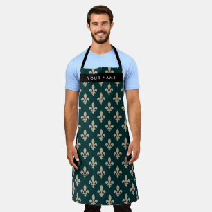Fleur de Lis, Beige on Green, Royal, Your Name Apron