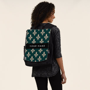 Fleur de Lis, Beige on Green, Royal, Your Name Backpack