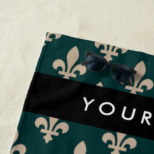 Fleur de Lis, Beige on Green, Royal, Your Name Beach Towel