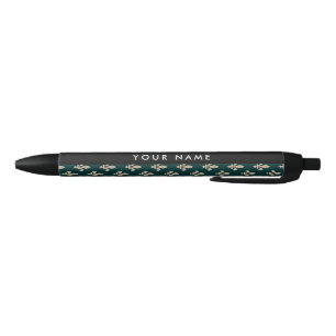 Fleur de Lis, Beige on Green, Royal, Your Name Black Ink Pen