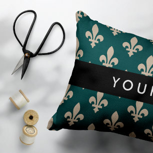 Fleur de Lis, Beige on Green, Royal, Your Name Decorative Cushion