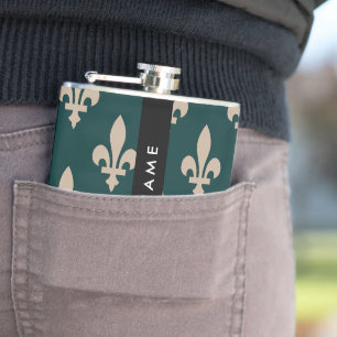 Fleur de Lis, Beige on Green, Royal, Your Name Hip Flask