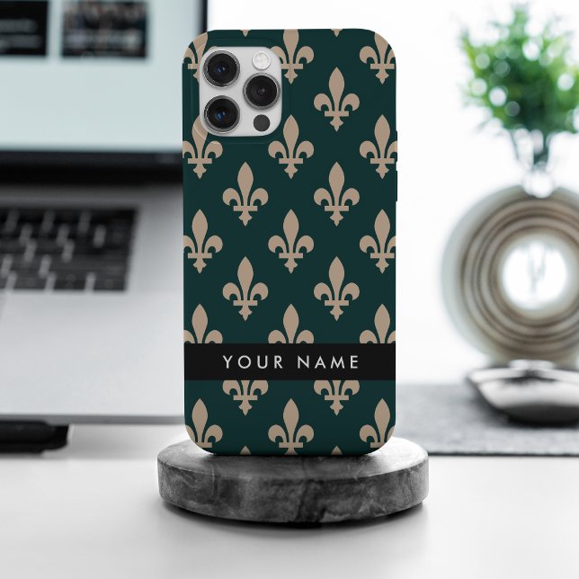 Fleur de Lis, Beige on Green, Royal, Your Name iPhone Case (Creator Uploaded)