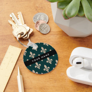 Fleur de Lis, Beige on Green, Royal, Your Name Key Ring
