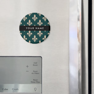 Fleur de Lis, Beige on Green, Royal, Your Name Magnet